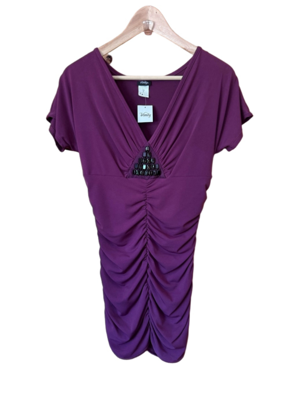 Vanity Plum V-Neck Ruched Blouse with Beaded Detail size medium